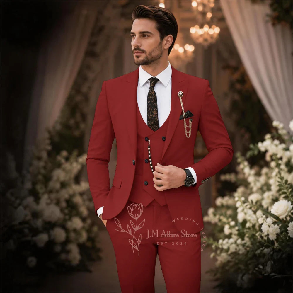 Sage Green Suit Men's 3 Piece Set Peak Lapel Jacket Vest Pants Custom Slim Fit for Wedding Groom Cocktail Party Tuxedo