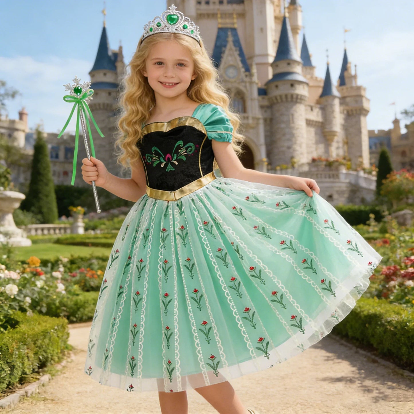 Elsa Anna Dress for Girls Short Sleeve Dress Snow Queen Floral Print Dress Cosplay Birthday Party Children Kids Carnival Clothes
