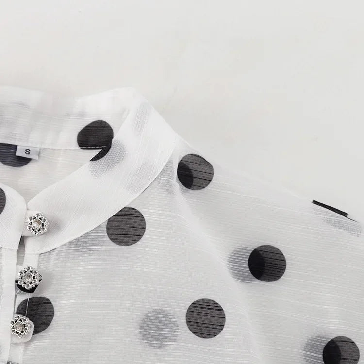 Ticketsx Polka Dot Ruffled Shirts Fashion Contrast Lace Up See Through Button Blouse Top Elegant Party High Street Women Shirt