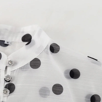 Ticketsx Polka Dot Ruffled Shirts Fashion Contrast Lace Up See Through Button Blouse Top Elegant Party High Street Women Shirt