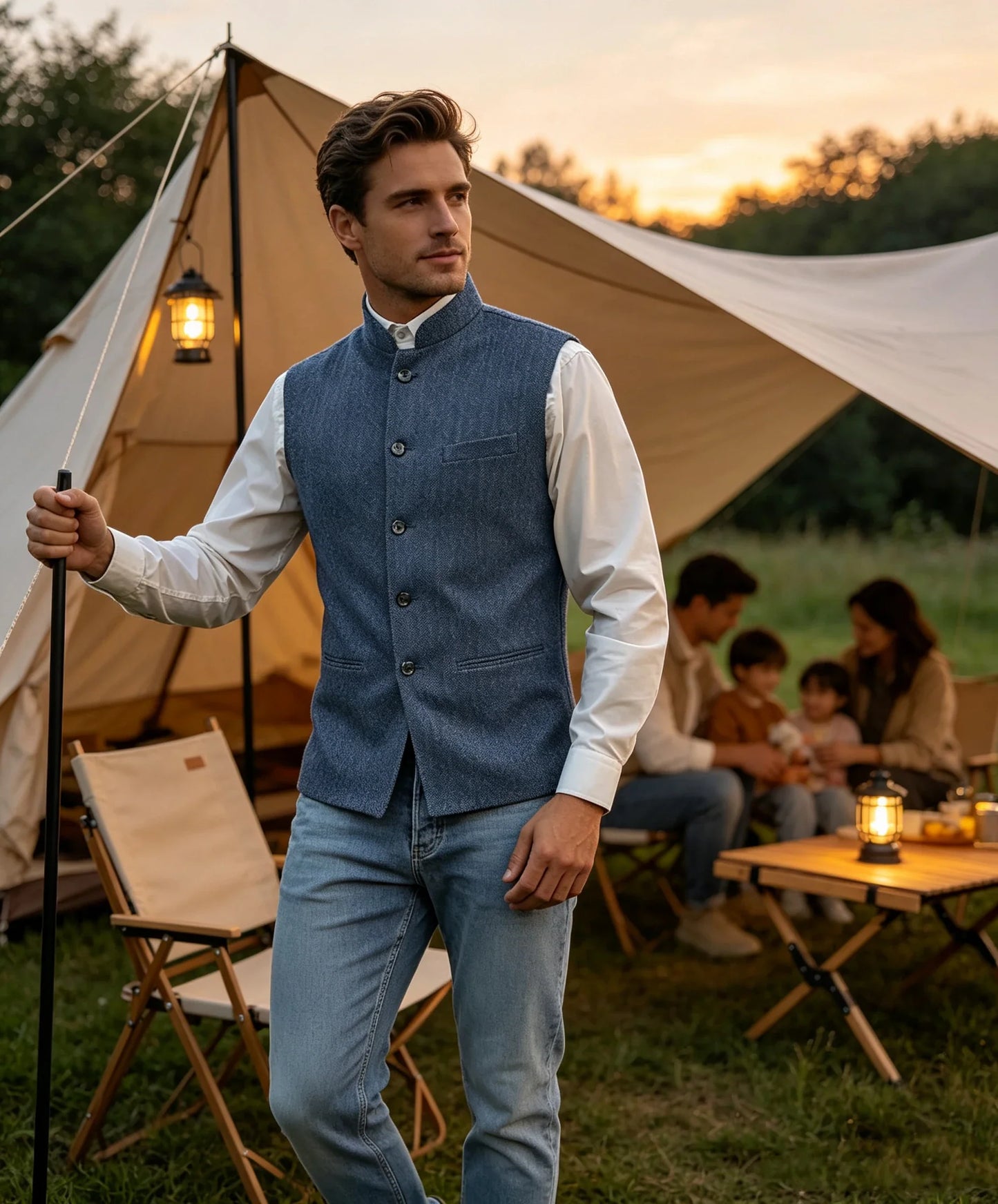 Mens Suit Tweed Vest Stand Collar Single Breasted Herringbone Sleeveless Waistcoat Casual Business Wedding Party Outerwear Gilet