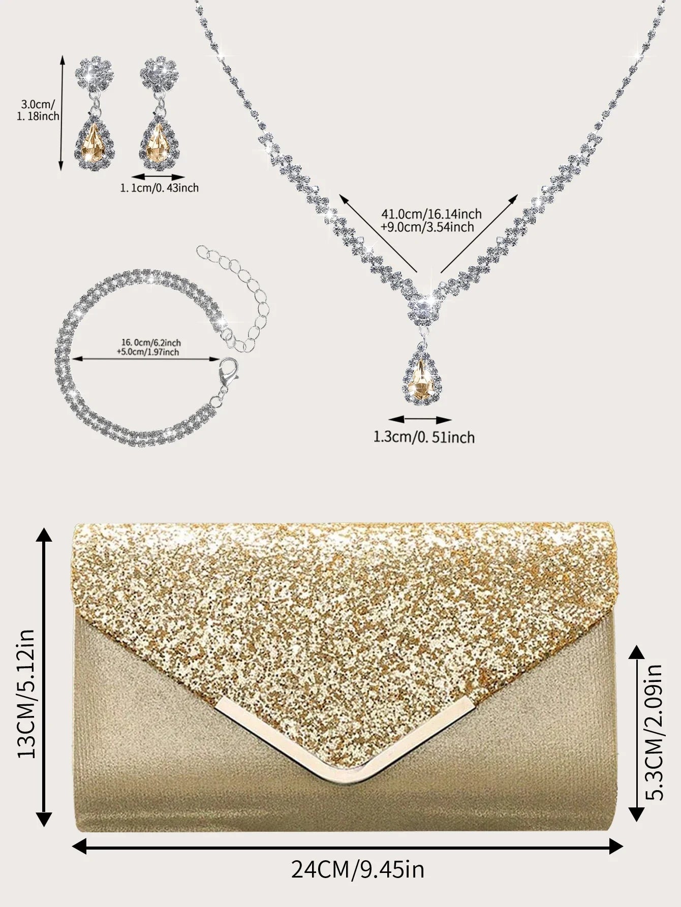 Gorgeous and elegant sparkly women's clutch bag, paired with a gorgeous rhinestone necklace, earrings and bracelet set of four.