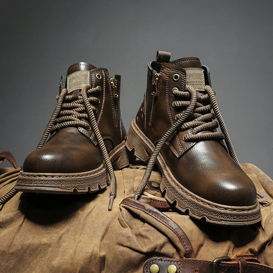 New MEN'S BOOTS with Retro Style Leather Boots, Thick Soles, Wear-resistant MEN'S High Top Casual Shoes, Side Zippers