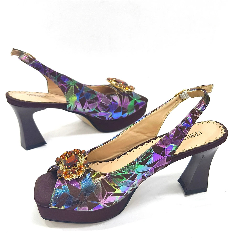 2025 Women's Elegant Yellow High Heel Shoe and Matching Bag Set with Rhinestone Accents – Stylish Square Toe Design for Parties