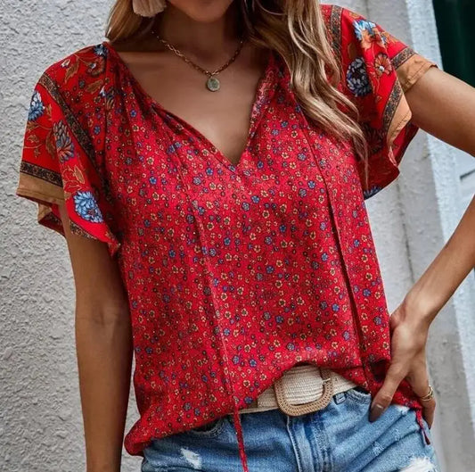 Summer Floral Print Blouses For Women Fashion V Neck Short Sleeve Boho Beach Casual Tops Female Elegant Shirt New Womenes