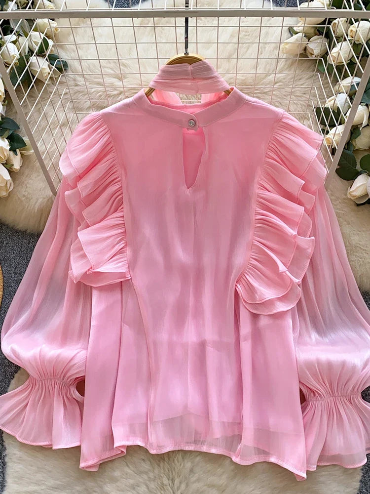 Women Spring Autumn Shirt Fashion French Retro Casual High-end Polka Dot Blouse with Bubble Sleeves Bow Design Top S263