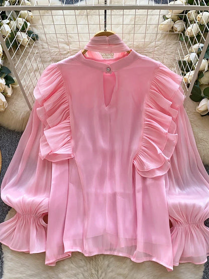 Women Spring Autumn Shirt Fashion French Retro Casual High-end Polka Dot Blouse with Bubble Sleeves Bow Design Top S263