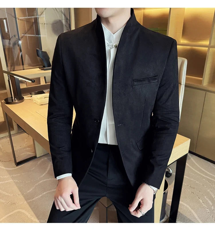 High Quality Cowhide Suede Suit Coats Men Fashion Slim Fit Stand Up Collar Business Casual Jacket Formal Groom Social Tuxedos