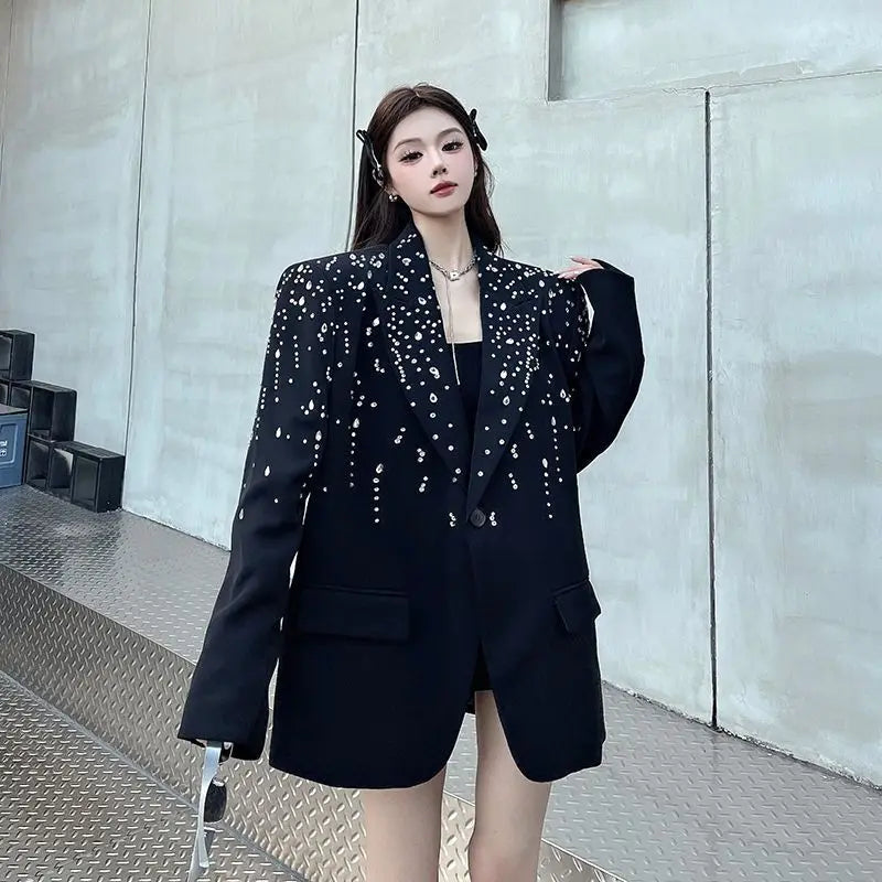 High-Quality Hot Diamond Black Blazer Women's Neutral Spring And Autumn New Design V ersatile Long-Sleeved Shoulder Padded Suit