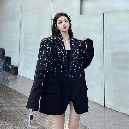 High-Quality Hot Diamond Black Blazer Women's Neutral Spring And Autumn New Design V ersatile Long-Sleeved Shoulder Padded Suit