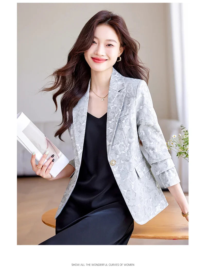 Women Blazer Office Lady 2024 Elegant Slim Notched Women Blazers Jackets Button Long Sleeve Decorative Pattern Female Suit Coat
