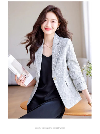 Women Blazer Office Lady 2024 Elegant Slim Notched Women Blazers Jackets Button Long Sleeve Decorative Pattern Female Suit Coat