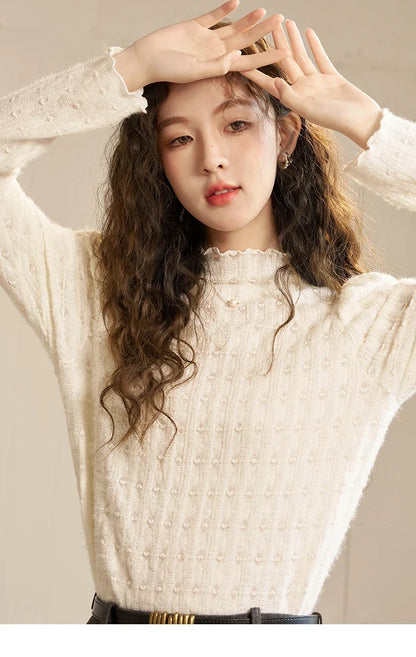 Lace Bottoming Shirt Women Autumn Winter Mock Neck Long Sleeve Knitted Pullover French Warm Inner Top Female MXC58Z0481