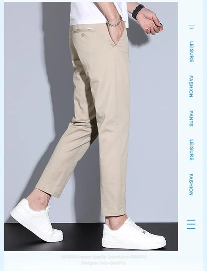 High Quality Summer Men's White Ankle Length Casual Pants 97%Cotton Breathable Straight Business Slim Work Chino Trousers Man
