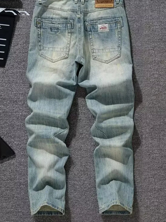 Spring Autumn Trendy Vintage Washed Jeans Men's Loose Straight Leg Fashionable Youth Casual Cotton Denim Anti-Bacterial