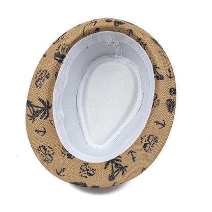 2026 Men's Breathable Straw Fedora Hat with Tropical Print UV Protection Beach Vacation Casual Jazz Cap for Summer