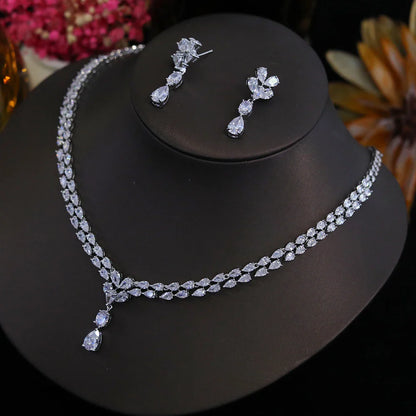 New Design Luxury Cubic Zirconia Water Drop Necklace Earrings Set for Women High Quality Wedding Party Dress Jewelry