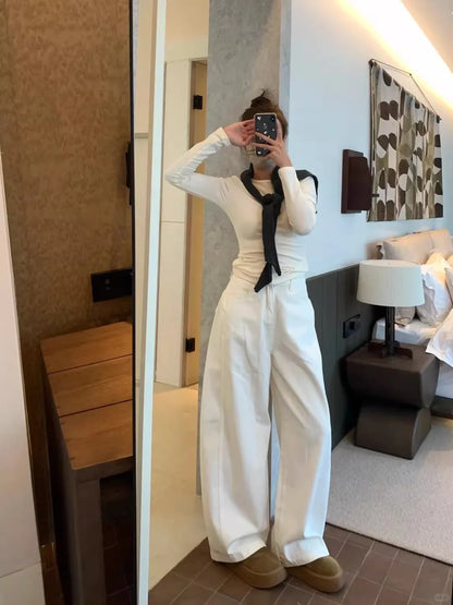 White Wide Leg Cutlass Jeans Women's Spring New Loose Straight Leg Long Denim Trousers Casual Streetwear Y2K Style Pants