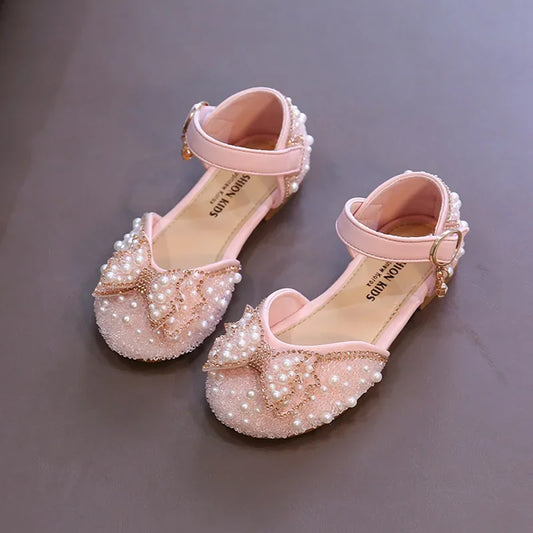 Cute Rhinestone Decorated Girls Shoes, Sweet Princess Style Flats for Wedding & Party, Soft Leather Children’s Dress Sandals