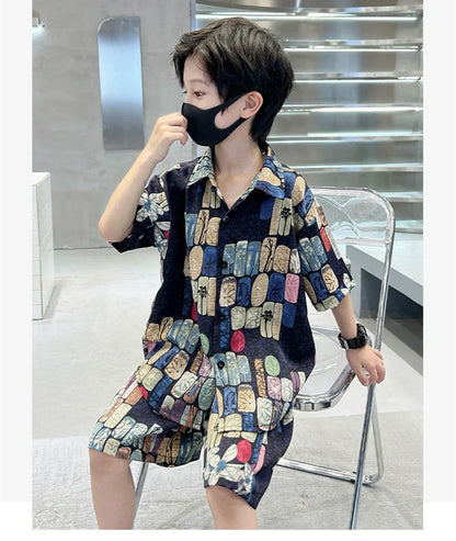New Summer Kids Beach Clothes Set 2 Pieces Set for Boys Casual Shirt Short 2PCS Clothing Set Children Cool Vacation Outfit Suit