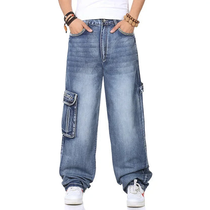 Mens Baggy Jeans Spring and Autumn New Fat Guy Large Size Fashion Multi-pocket Wide Loose Jeans Mens Denim Trousers