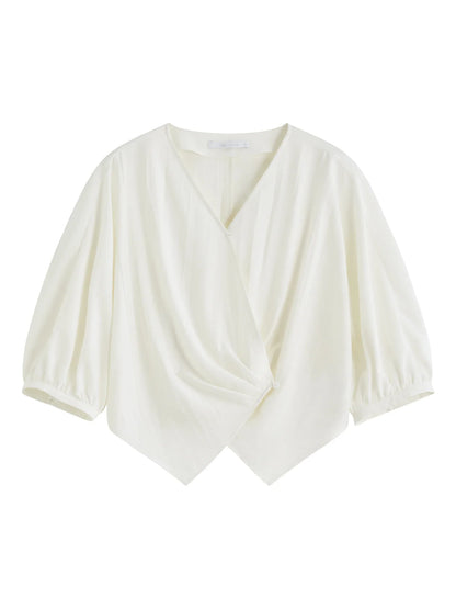V-Neck Relaxed Casual Design Women's Short Sleeve Linen Shirt - 2025 Summer New Arrival Shirts For Women 25FS12418