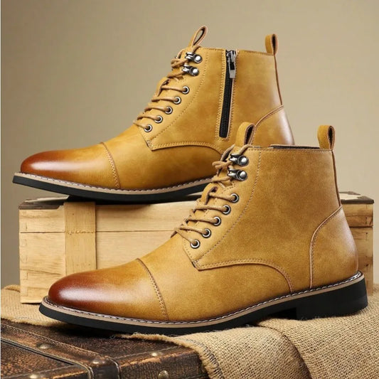 Brand Men High-top Leather Boots Classic Chelsea Boots Lace Up Pointe End Ankle Boot Men's Business Dress Boots Botas Masculinas