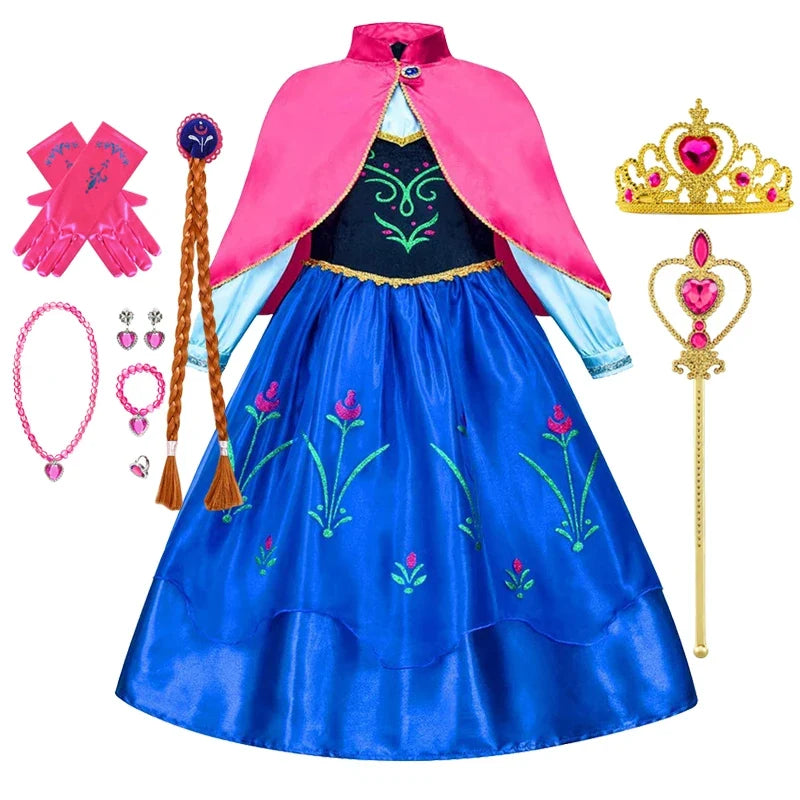Frozen Anna Princess Girl Dress Halloween Cosplay 2026 Party Costume Snow Queen Princess Clothes Children Outfit 2-10 Y