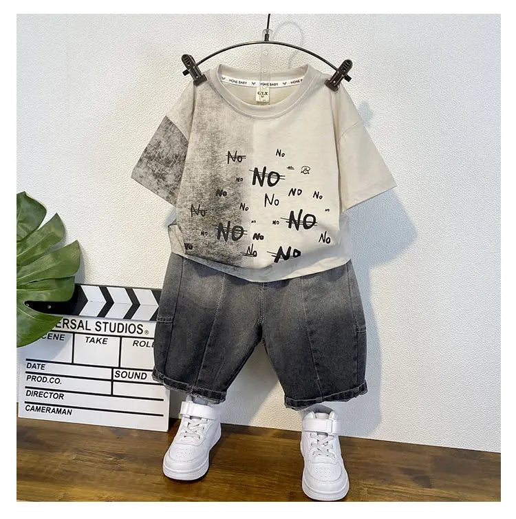 Korean Baby Boys Summer Sets Children's Clothing Short-Sleeved Letter T-Shirt & Denim Shorts Kids Boys Outfits Clothes 2-11Y