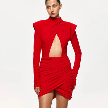 Eelgant Fashion Dresses For Women Solid Zipper Sheath Pleated Hollow Out Regular Long Sleeves Turtleneck Shoulder Pad