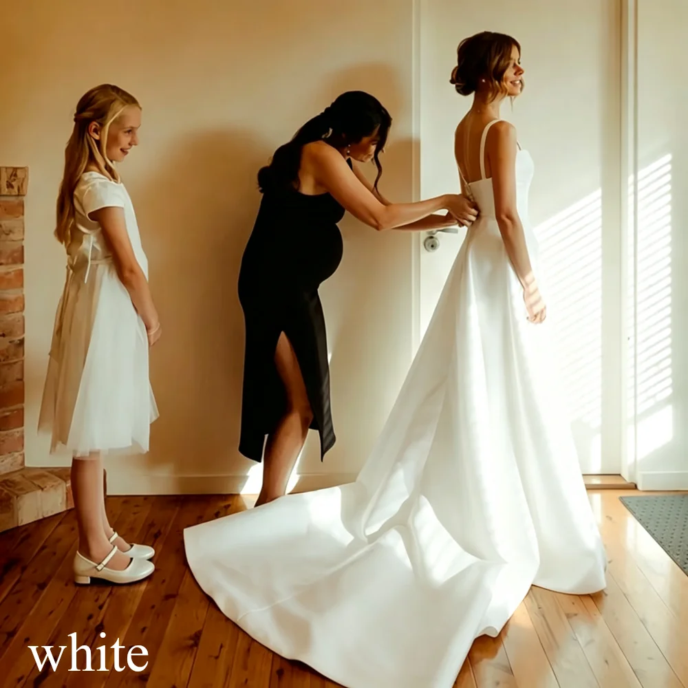 Classic Long White Wedding Dress A-Line Square Collar Spaghetti Straps Formal Pleat  Vintage Backless High Silt Grown Customized
