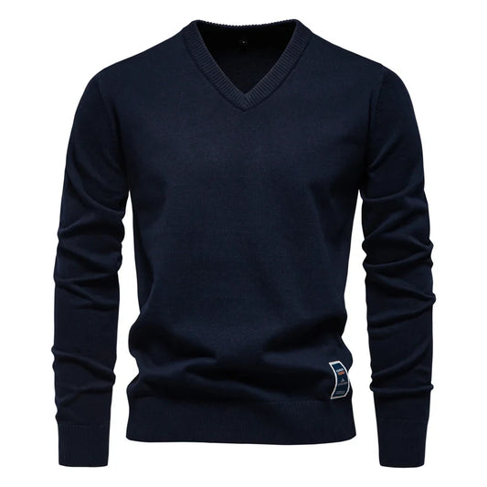 Mens V-neck Solid Cotton Pullover Sweaters Long Sleeve Casual Social Knitted Sweaters for Men
