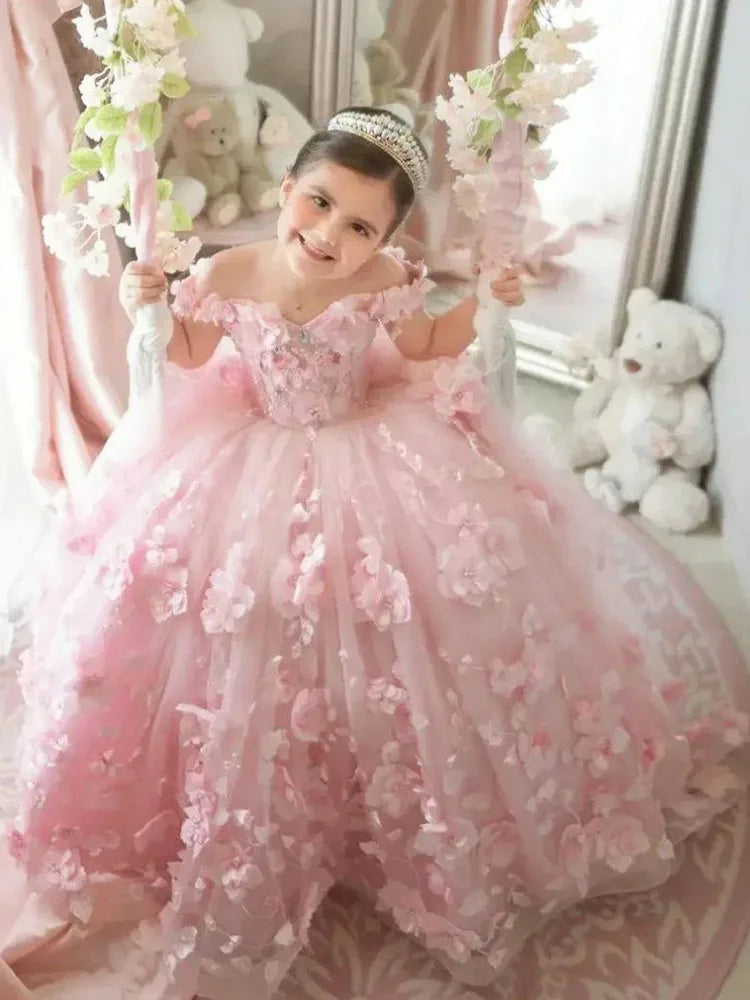 Pink 3d Applique Flower Girl Dress For Wedding Off Shoulder Luxurious Pearls Tulle Child First Eucharistic Birthday Party Dress