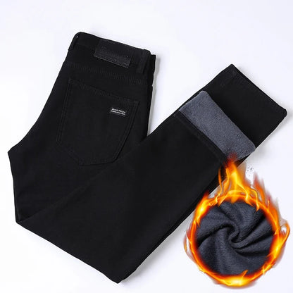 Winter Men Black Straight Stretch Denim Thick Velvet Pants Warm Jeans Casual Fleece Line Trousers Male Plus Size