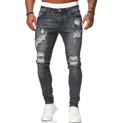 Ripped Men Jeans Denim Pant Mid Waist Slim Fit  Vintage Denim Wash Punk Style Skinny Pencil Pants Distressed Holes Ankle Length
