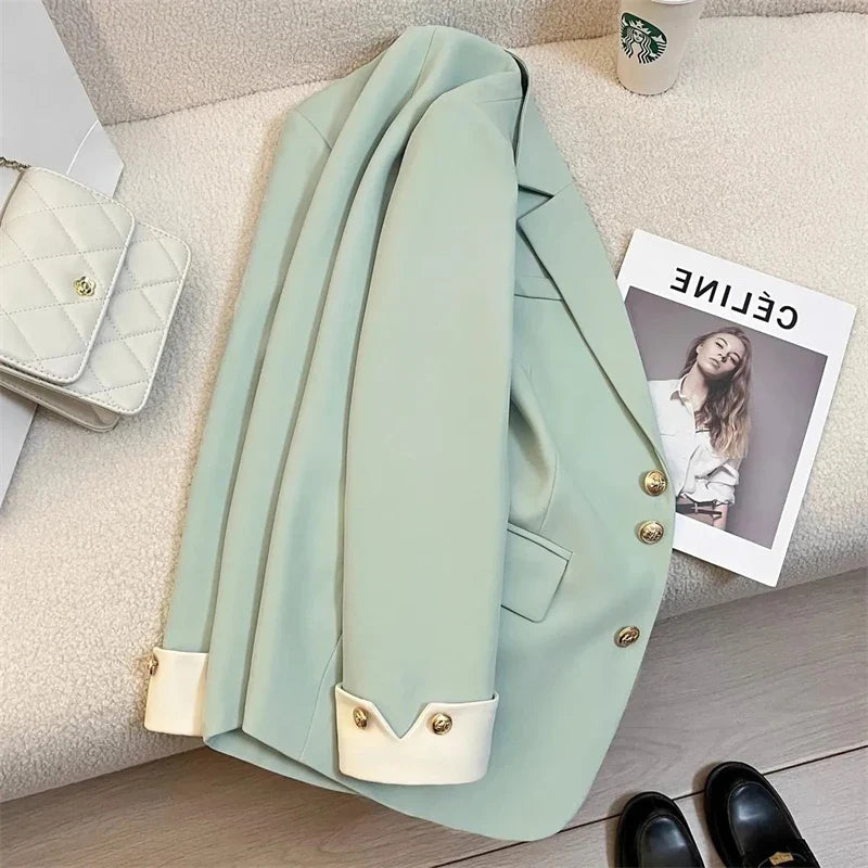 Mint Green Women Blazers 2025 Spring New Jackets Single Breasted Unique Cuff Design Notched Casual Suit Jacket Fashion Lady Coat
