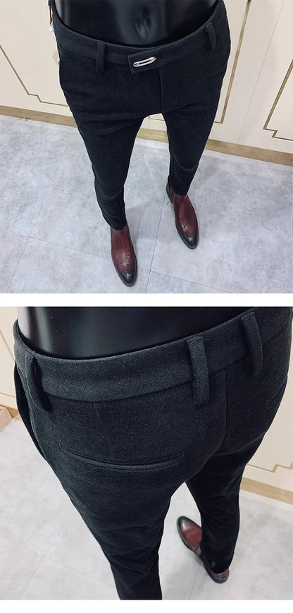 Autumn Winter Thickened Woolen Suit Pants Men Casual Slim Fit Straight Trousers Formal Business Woolen Social Office Warm Pants