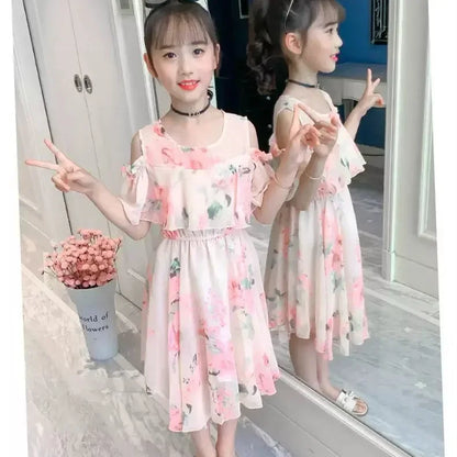 Summer Thin Girl Dress Floral Chiffon Princess Children's Dress Vestidos Summer Girls Casual Dresses Robe Fille Kids Clothes
