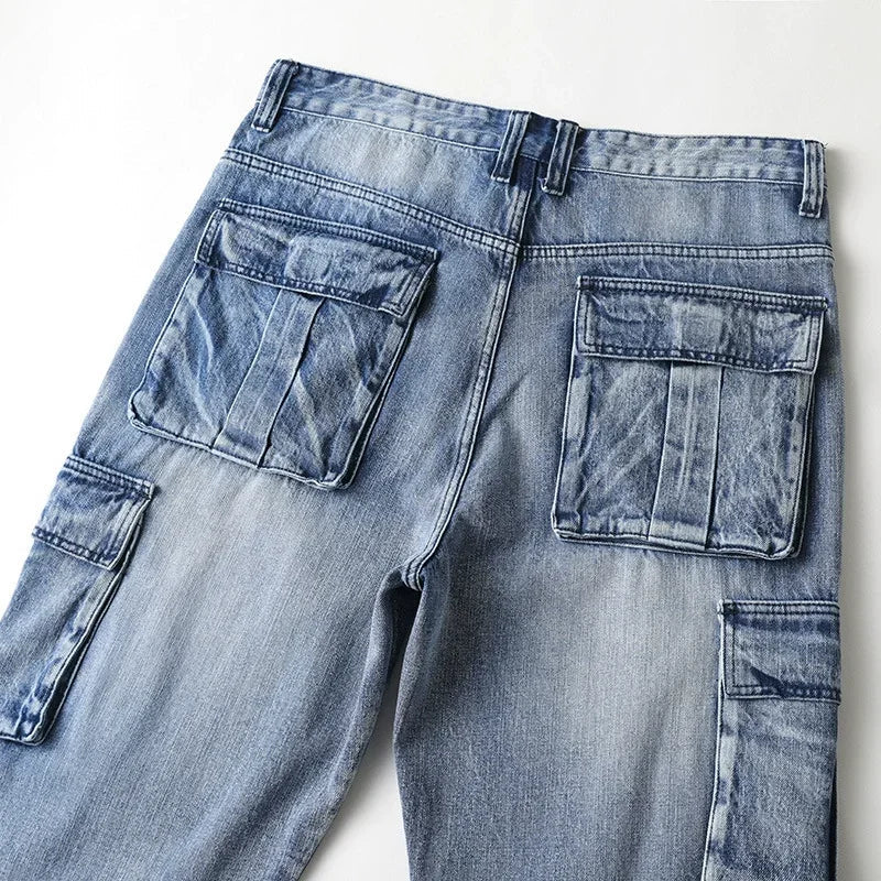 New Men's Fashion Multiple Pockets Loose Jeans Casual Denim Straight Pants Male Hip Hop Wide Leg Cargo Trousers Streetwear