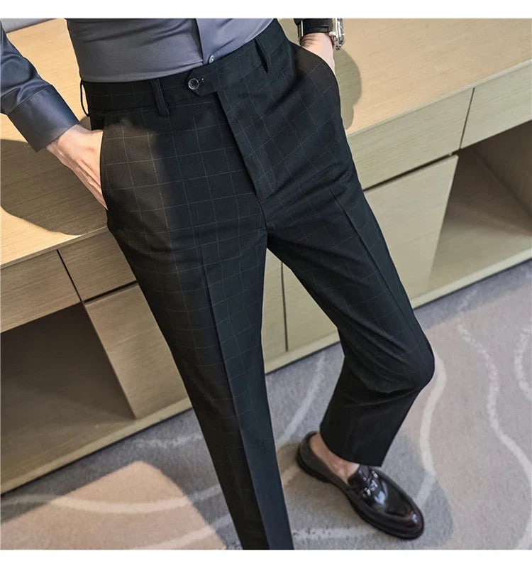2026 High Quality Men's Plaid Striped Suit Pants Fashion Business Slim Fit Casual Straight Pants Formal Wedding Party Trousers