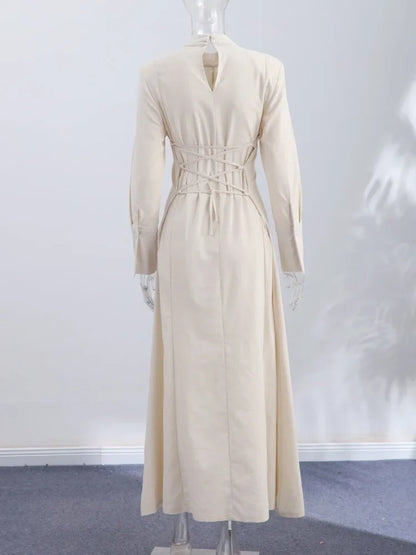 Women's Elegant High Neck Long Sleeve Maxi Dress With Side Slit Shoulder Pad Slim Fit Floor Length Tunic Top Versatile Clothing
