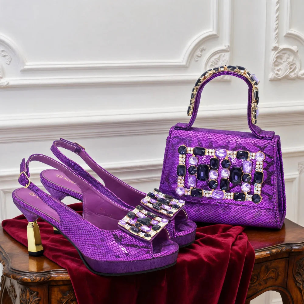 Fashion Party Shoes and Bag Match for Women Latest Italian Matching Shoes and Bag Set  with Rhinestone Heeled Shoes Woman