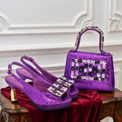 Fashion Party Shoes and Bag Match for Women Latest Italian Matching Shoes and Bag Set  with Rhinestone Heeled Shoes Woman