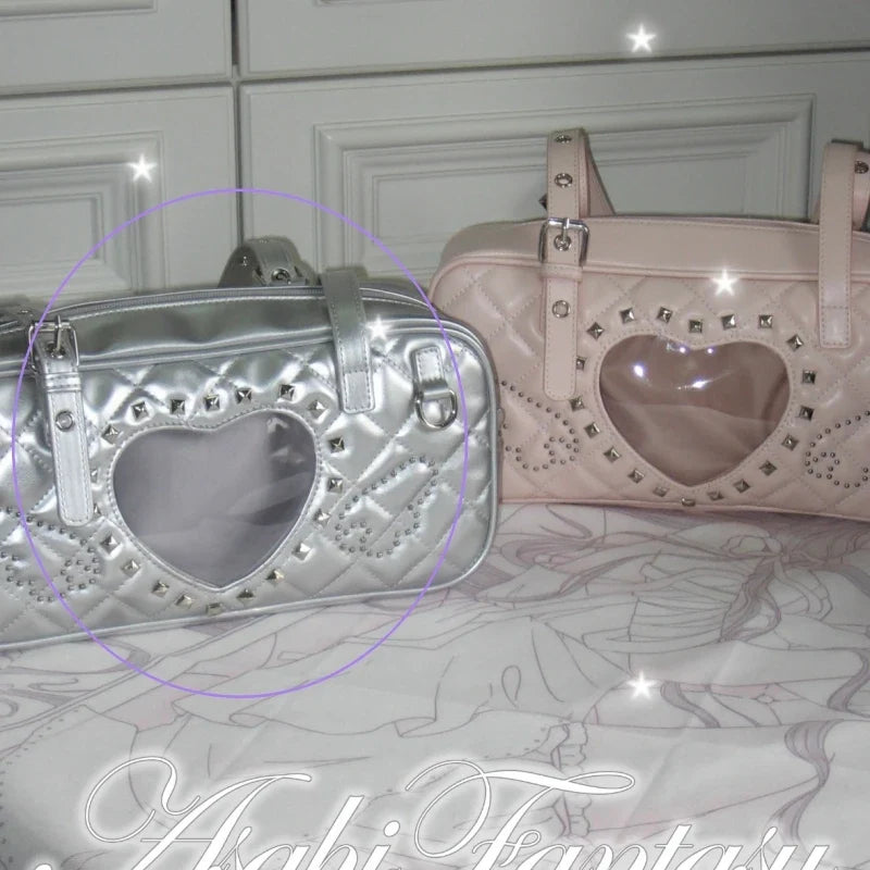 Pink Transparent Pocket Japanese Itabag Rivet Design Lolita Shoulder Bag PU Leather Harajuku Pain Bags Y2k Sweet Handbags Girls