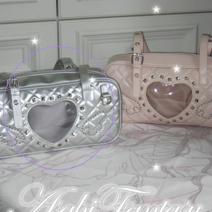 Pink Transparent Pocket Japanese Itabag Rivet Design Lolita Shoulder Bag PU Leather Harajuku Pain Bags Y2k Sweet Handbags Girls