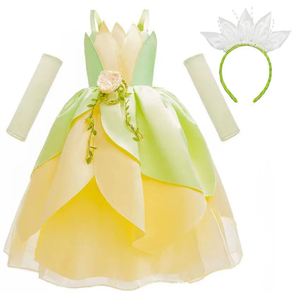 Girls Cosplay Tiana Yellow Short-Sleeved Fluffy Princess Dress For Girl Birthday Party Princess Dress With Accessories