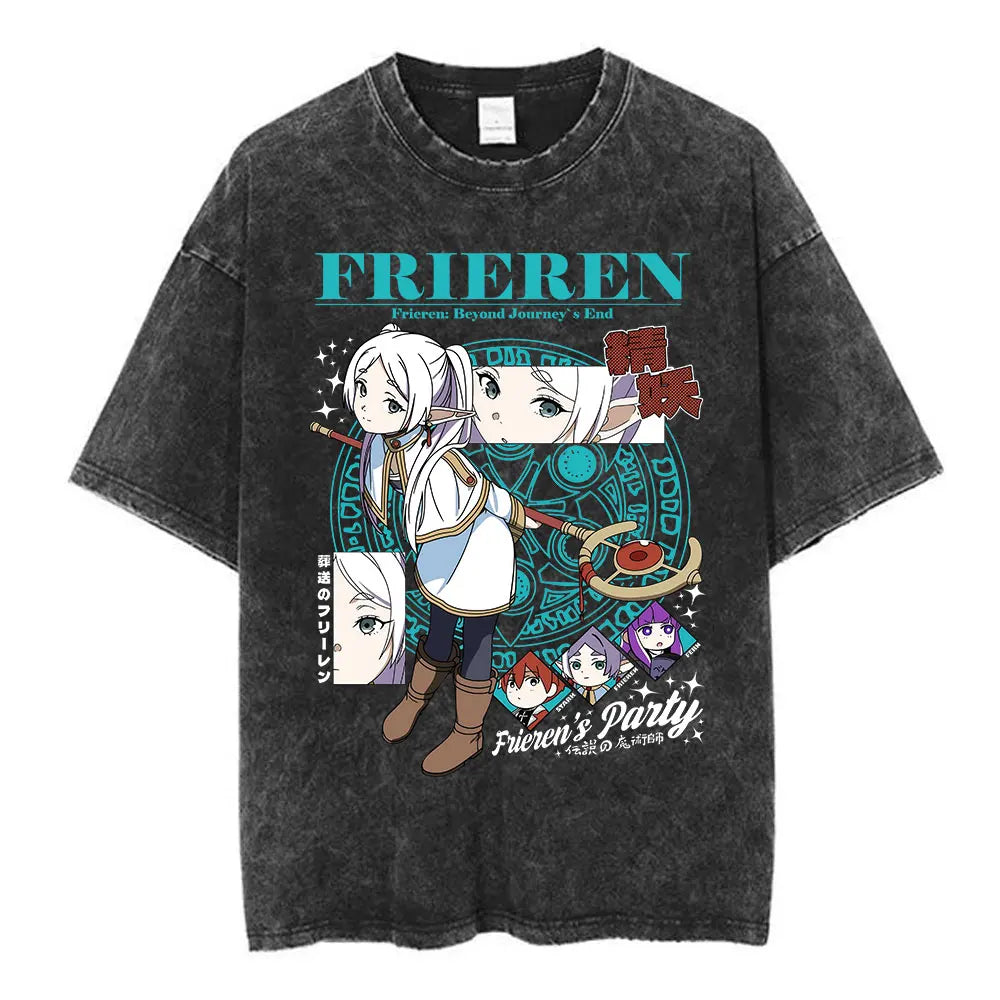 Anime Frieren: Beyond Journey's End Graphic Washed Vintage T-shirt Men's Women Fashion Short Sleeve Cotton Casual Loose T Shirts
