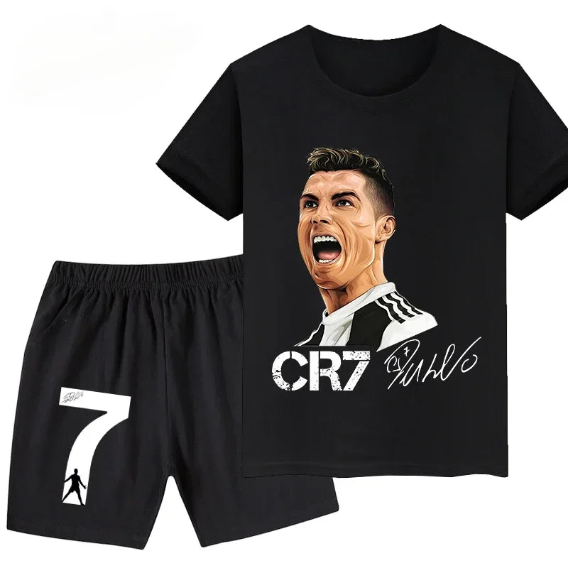 2026 Ronaldo Football Player CR7 Printed Children Clothing Casual T-shirt+Shorts 2pcs Sets Summer Kids Boys Fashion Sportsuits.