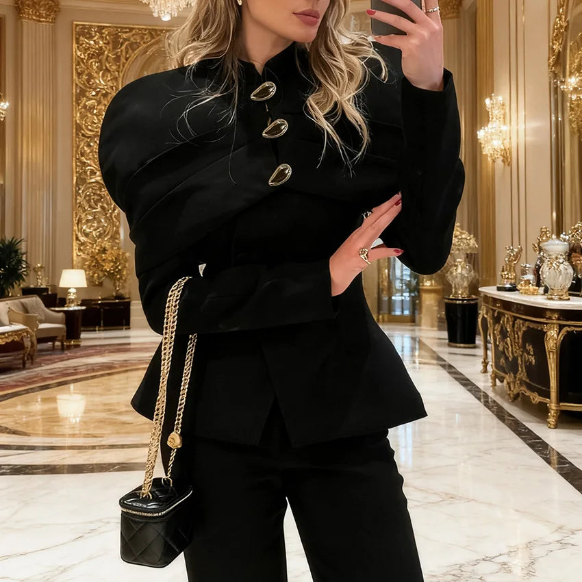 Black Elegant Blazer For Women 2025 Autumn Fashion Gold Buttons Patchwork Jacket Coat Party Vintage Commuter Suit Jacket