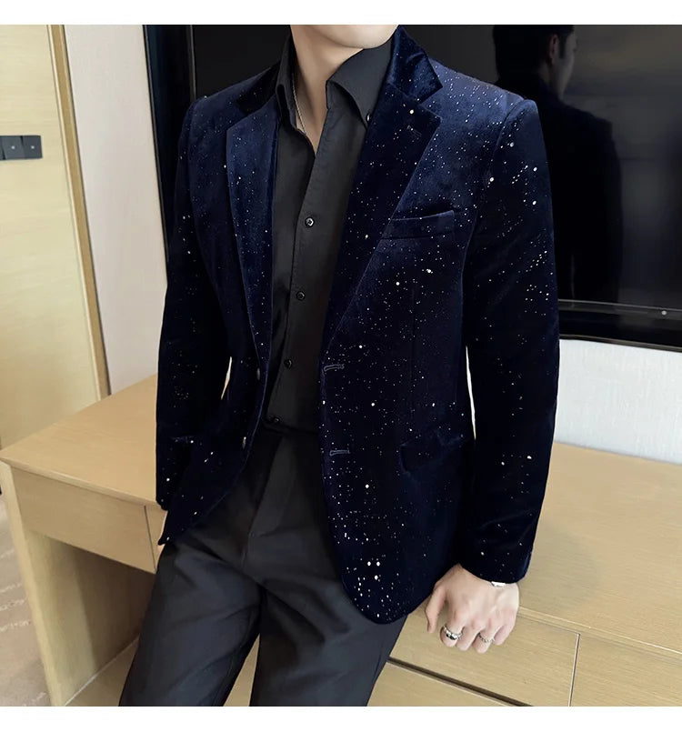 High Quality Velvet Bronzing Suit Coats Mens Sparkle Elegant Slim Business Suits Jacket Homme Formal Social Prom Party Tuxedos